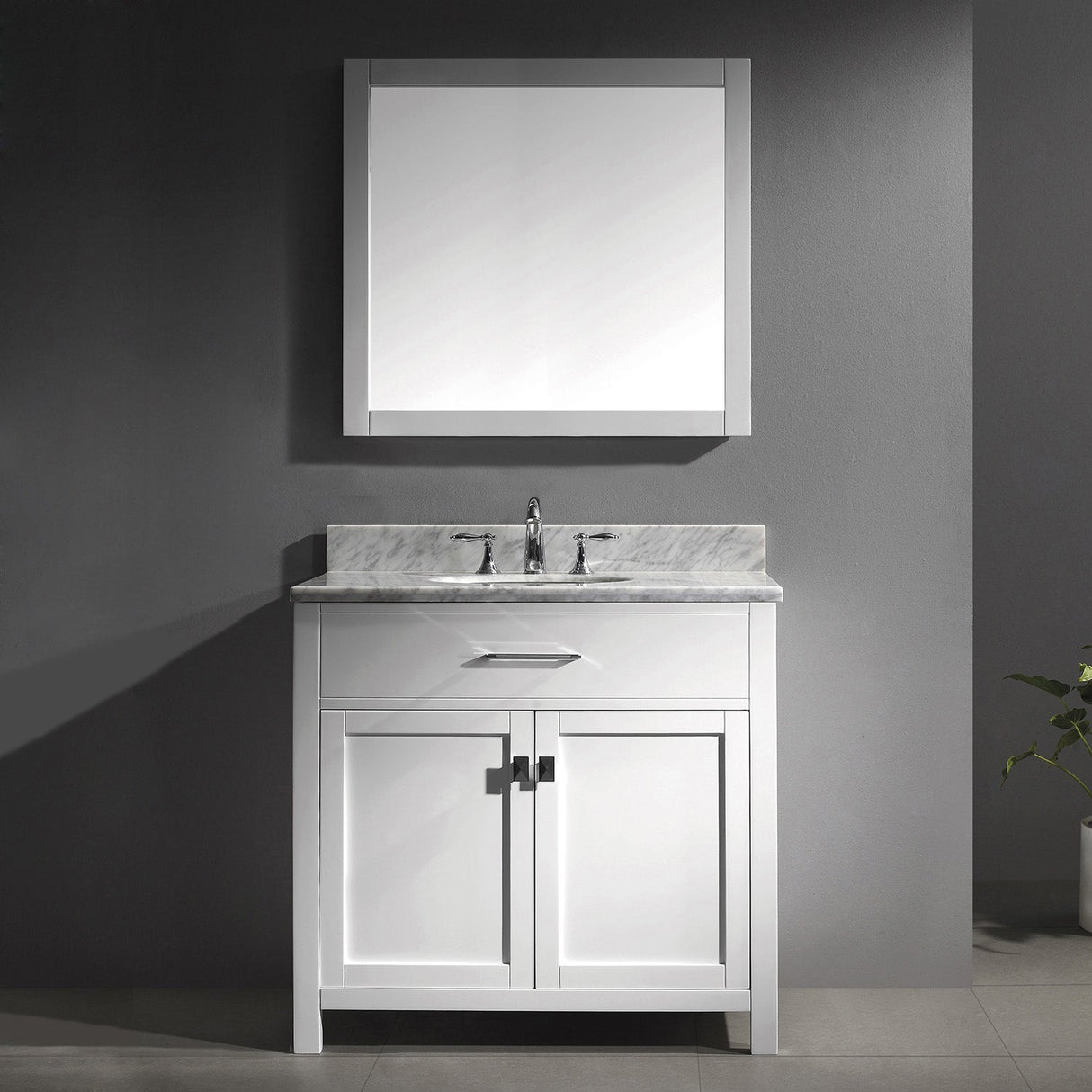 Virtu USA Caroline 36" Single Bath Vanity with White Marble Top and Round Sink with Brushed Nickel Faucet with Matching Mirror