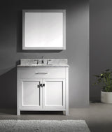 Virtu USA Caroline 36" Single Bath Vanity with White Marble Top and Round Sink with Brushed Nickel Faucet with Matching Mirror