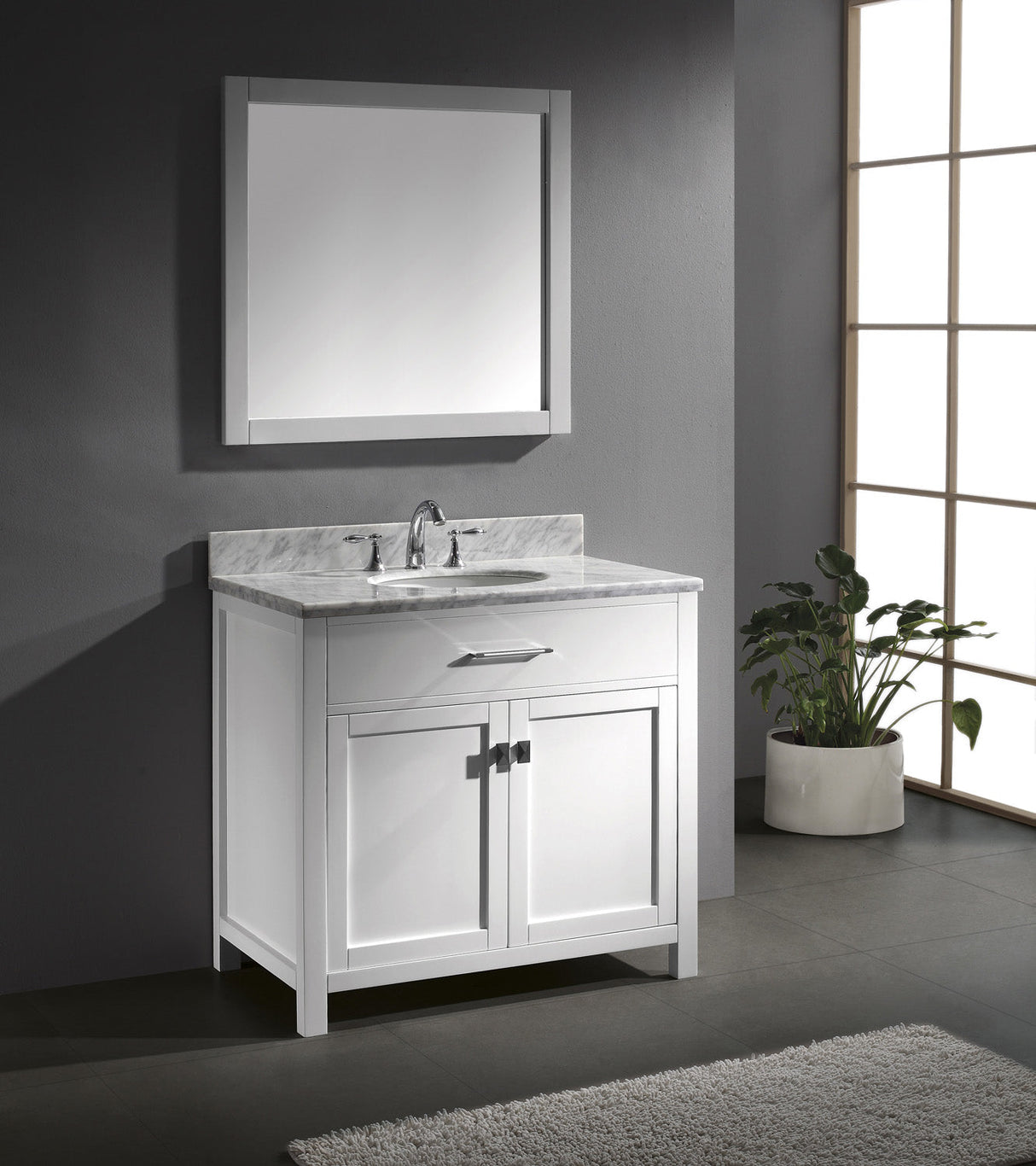 Virtu USA Caroline 36" Single Bath Vanity with White Marble Top and Round Sink with Brushed Nickel Faucet with Matching Mirror