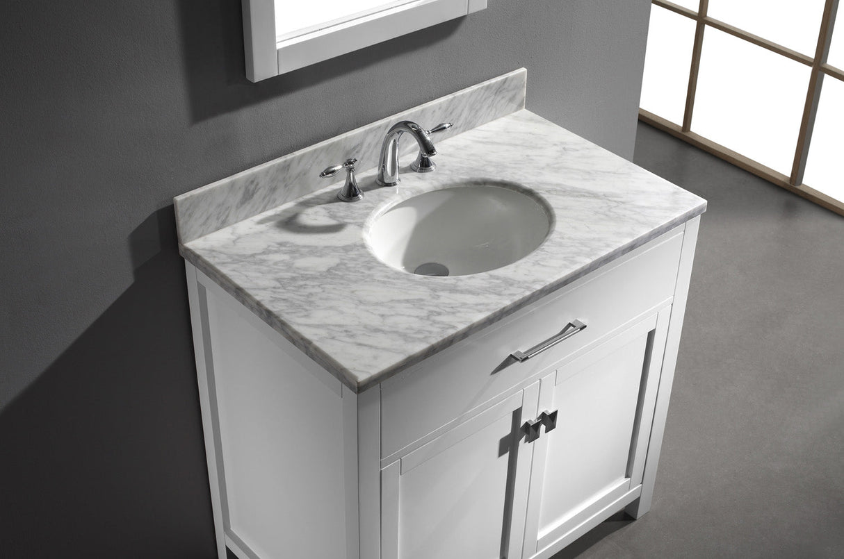 Virtu USA Caroline 36" Single Bath Vanity with White Marble Top and Round Sink with Brushed Nickel Faucet with Matching Mirror