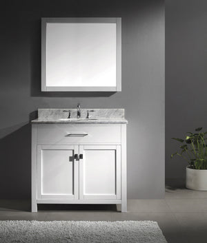 Virtu USA Caroline 36" Single Bath Vanity with White Marble Top and Round Sink with Matching Mirror