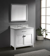 Virtu USA Caroline 36" Single Bath Vanity with White Marble Top and Round Sink with Matching Mirror