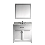 Virtu USA Caroline 36" Single Bath Vanity in White with White Marble Top and Round Sink with Matching Mirror - Luxe Bathroom Vanities