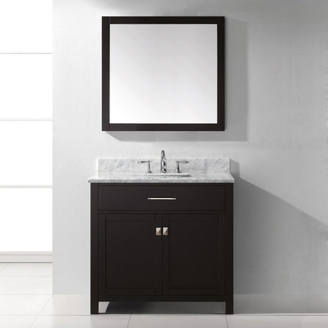 Virtu USA Caroline 36" Single Bath Vanity with White Marble Top and Square Sink with Brushed Nickel Faucet with Matching Mirror