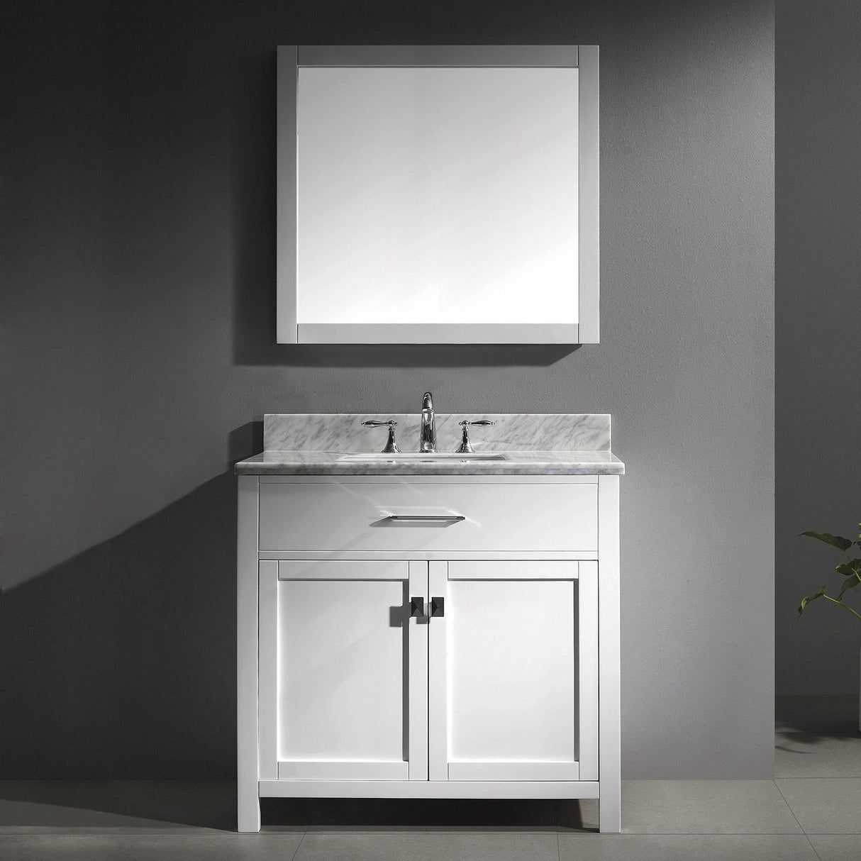 Virtu USA Caroline 36" Single Bath Vanity with White Marble Top and Square Sink with Polished Chrome Faucet with Matching Mirror