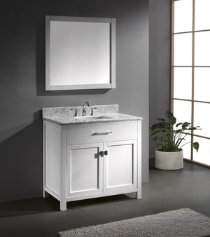 Virtu USA Caroline 36" Single Bath Vanity with White Marble Top and Square Sink with Polished Chrome Faucet with Matching Mirror