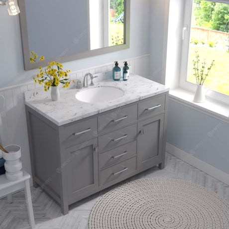 Virtu USA Caroline 48" Single Bath Vanity with White Quartz Top and Round Sink with Brushed Nickel Faucet with Matching Mirror
