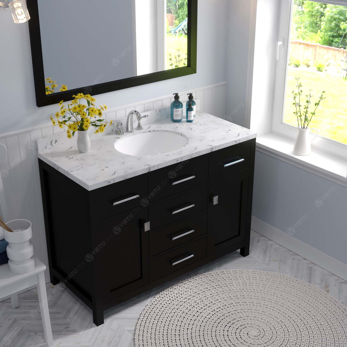 Virtu USA Caroline 48" Single Bath Vanity with White Quartz Top and Round Sink with Brushed Nickel Faucet with Matching Mirror