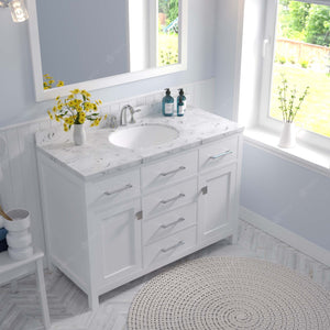 Virtu USA Caroline 48" Single Bath Vanity with White Quartz Top and Round Sink with Polished Chrome Faucet with Matching Mirror