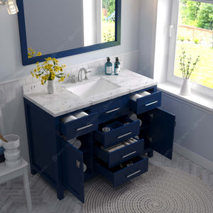 Virtu USA Caroline 48" Single Bath Vanity in White with White Quartz Top and Square Sink with Polished Chrome Faucet with Matching Mirror