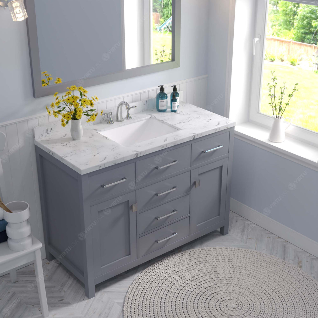 Virtu USA Caroline 48" Single Bath Vanity with Cultured Marble White Top and Square Sink with Brushed Nickel Faucet with Matching Mirror