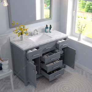 Virtu USA Caroline 48" Single Bath Vanity in White with White Quartz Top and Square Sink with Polished Chrome Faucet with Matching Mirror