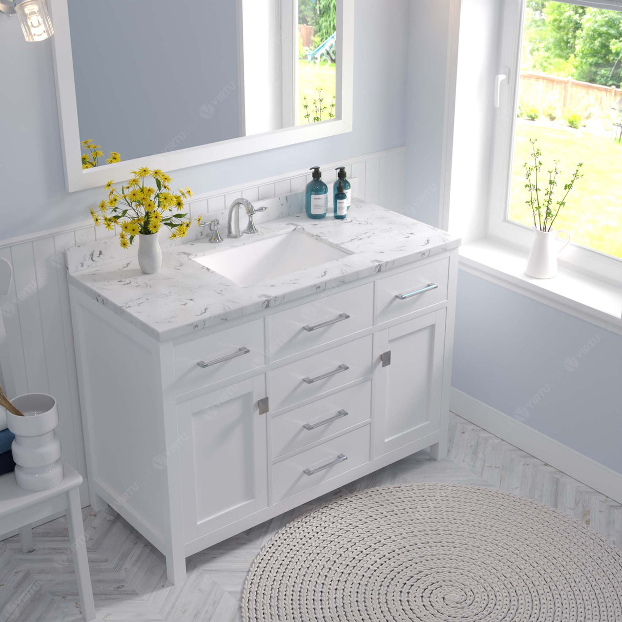 Virtu USA Caroline 48" Single Bath Vanity with Cultured Marble White Top and Square Sink with Brushed Nickel Faucet with Matching Mirror