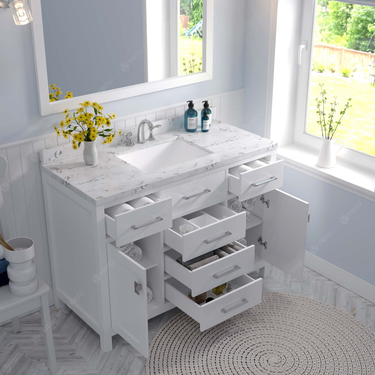 Virtu USA Caroline 48" Single Bath Vanity with Cultured Marble White Top and Square Sink with Brushed Nickel Faucet with Matching Mirror