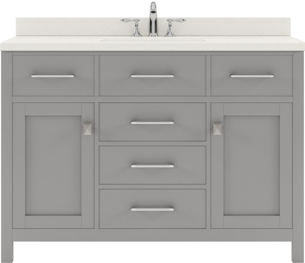 Virtu USA Caroline 48" Single Bath Vanity with Dazzle White Quartz Top and Round Sink with Brushed Nickel Faucet with Matching Mirror