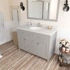 Virtu USA Caroline 48" Single Bath Vanity with Dazzle White Quartz Top and Round Sink with Polished Chrome Faucet with Matching Mirror