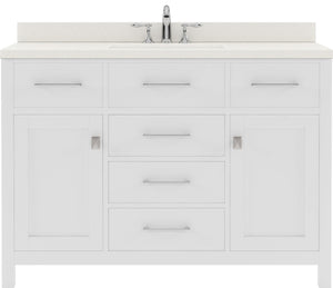 Virtu USA Caroline 48" Single Bath Vanity with Dazzle White Quartz Top and Round Sink with Polished Chrome Faucet with Matching Mirror