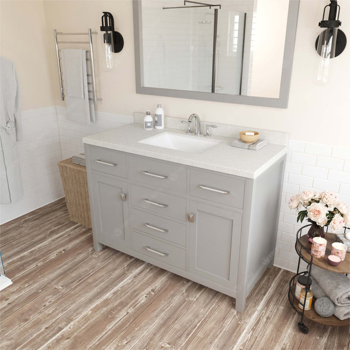 Virtu USA Caroline 48" Single Bath Vanity with White Quartz Top and Square Sink with Matching Mirror