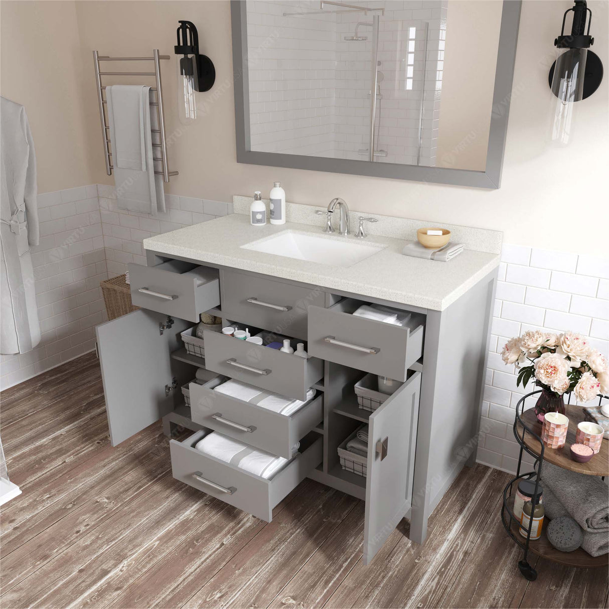 Virtu USA Caroline 48" Single Bath Vanity with White Quartz Top and Square Sink with Matching Mirror