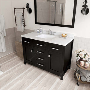 Virtu USA Caroline 48" Single Bath Vanity with Dazzle White Quartz Top and Square Sink with Polished Chrome Faucet with Matching Mirror