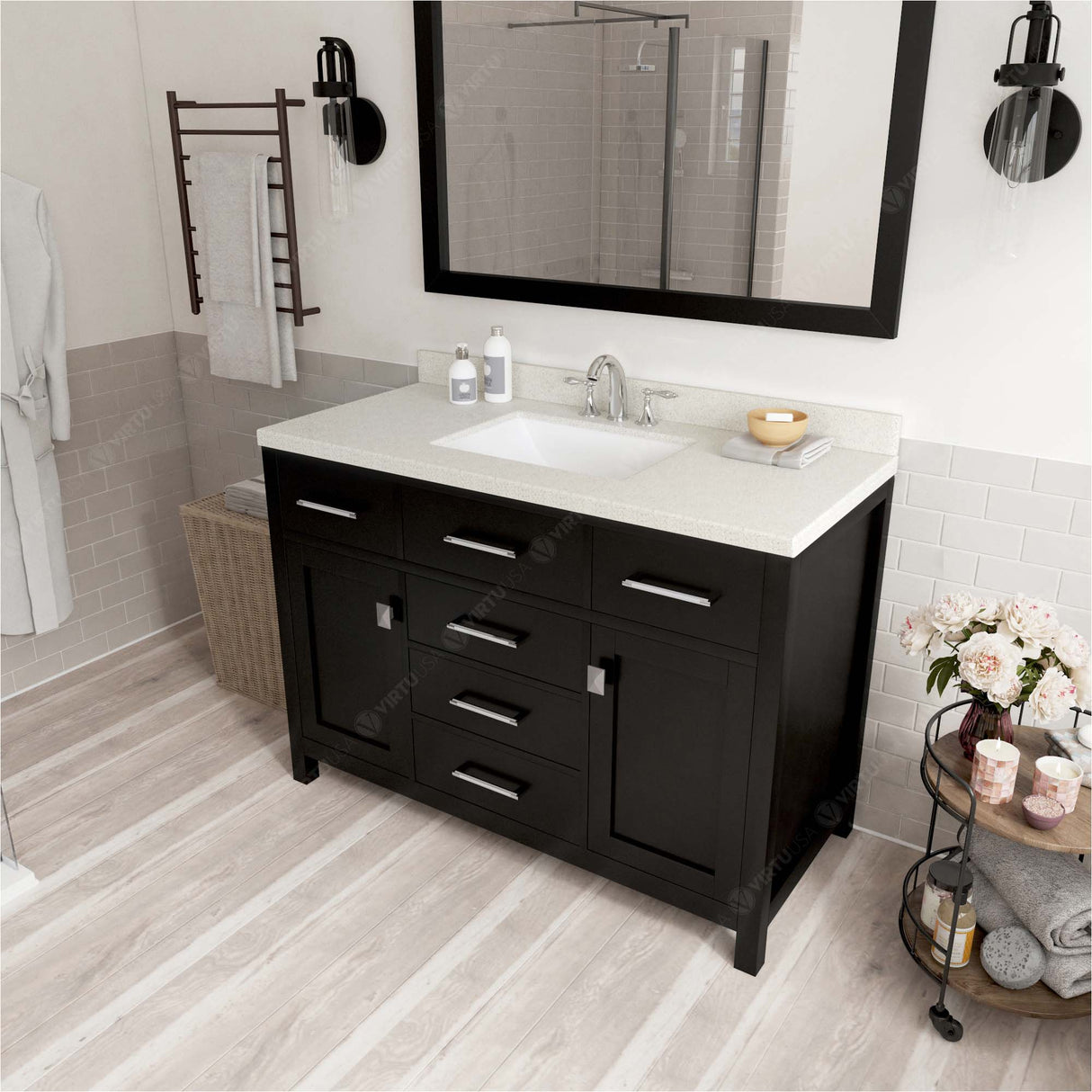 Virtu USA Caroline 48" Single Bath Vanity with White Quartz Top and Square Sink with Matching Mirror