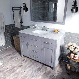 Virtu USA Caroline 48" Single Bath Vanity with Dazzle White Quartz Top and Square Sink with Polished Chrome Faucet with Matching Mirror