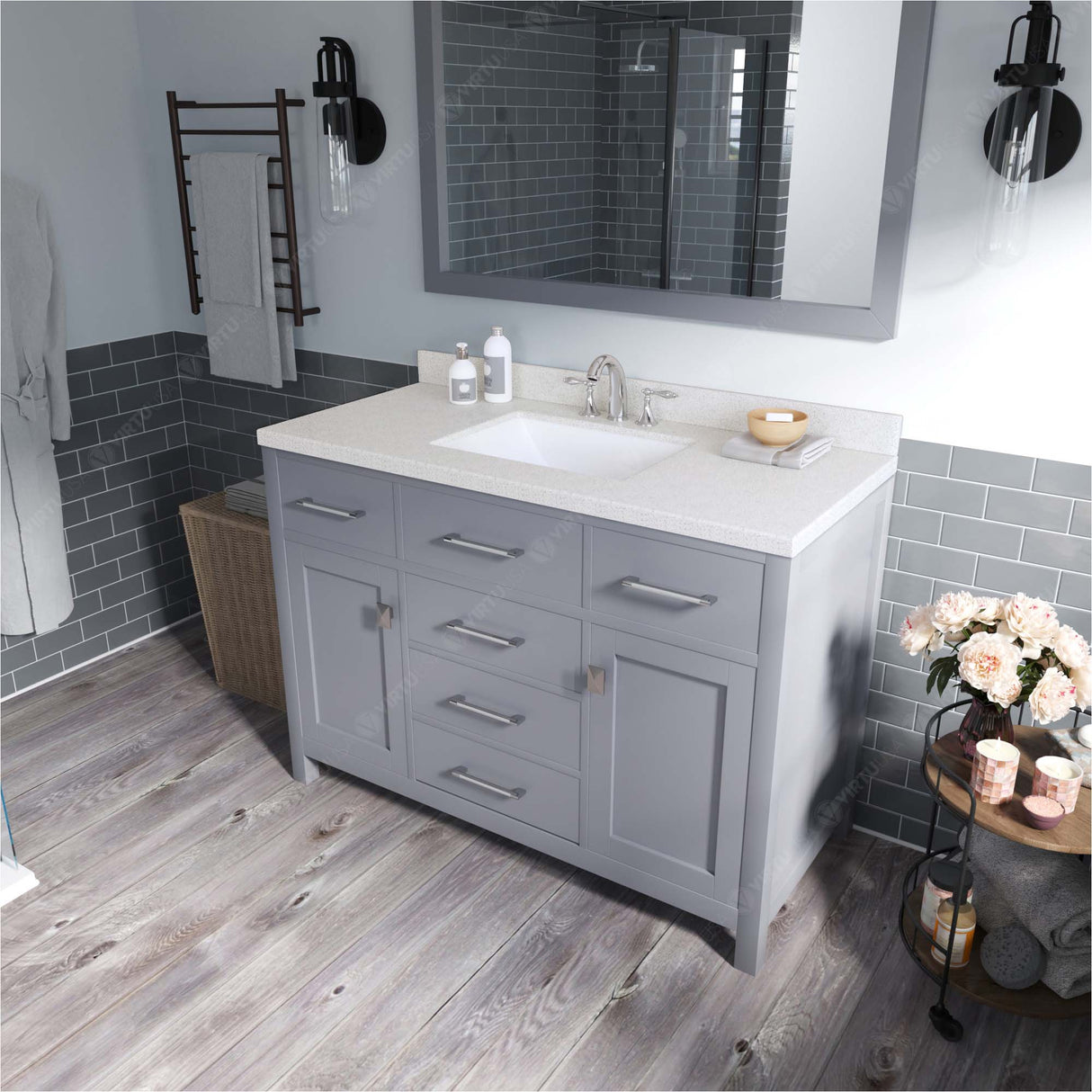 Virtu USA Caroline 48" Single Bath Vanity with White Quartz Top and Square Sink with Matching Mirror