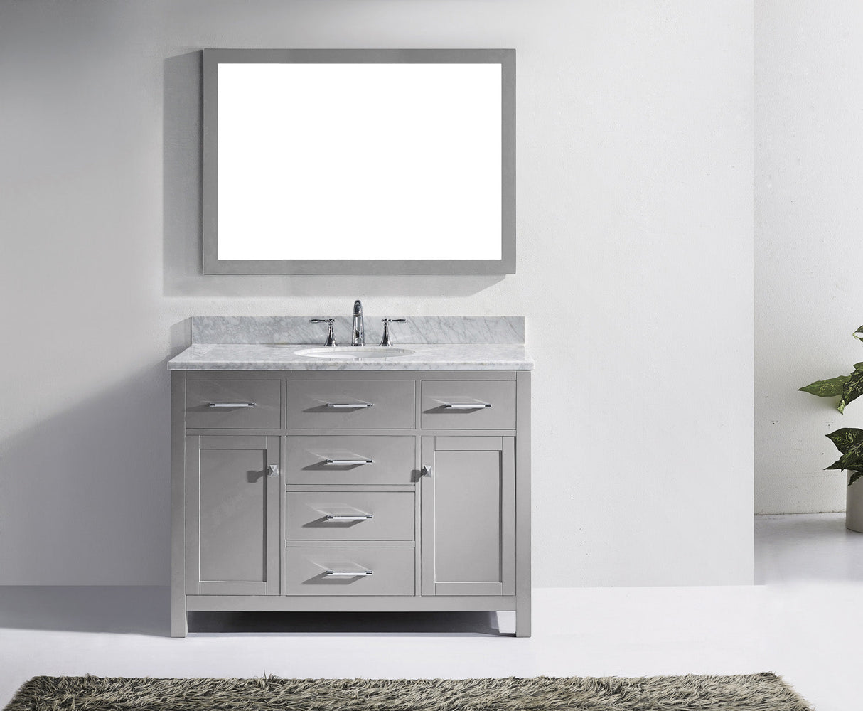 Virtu USA Caroline 48" Single Bath Vanity with White Marble Top and Square Sink with Polished Chrome Faucet with Matching Mirror