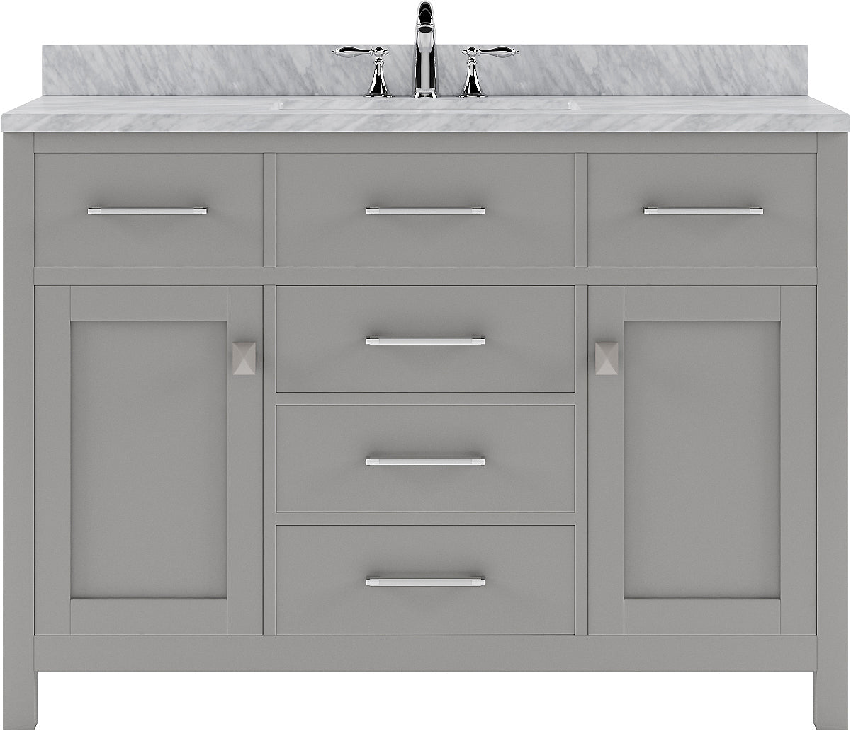 Virtu USA Caroline 48" Single Bath Vanity with White Marble Top and Square Sink with Polished Chrome Faucet with Matching Mirror