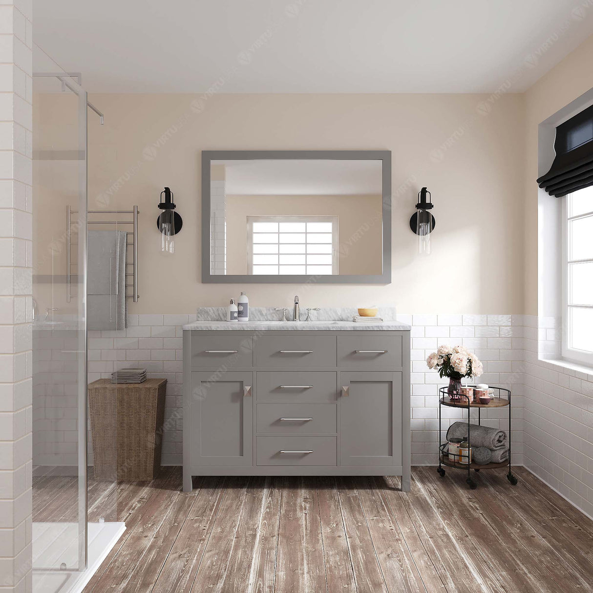 Virtu USA Caroline 48" Single Bath Vanity with White Marble Top and Round Sink with Matching Mirror