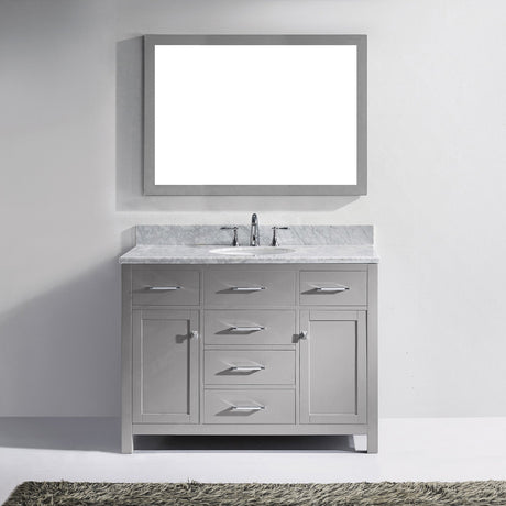 Virtu USA Caroline 48" Single Bath Vanity with White Marble Top and Round Sink with Matching Mirror