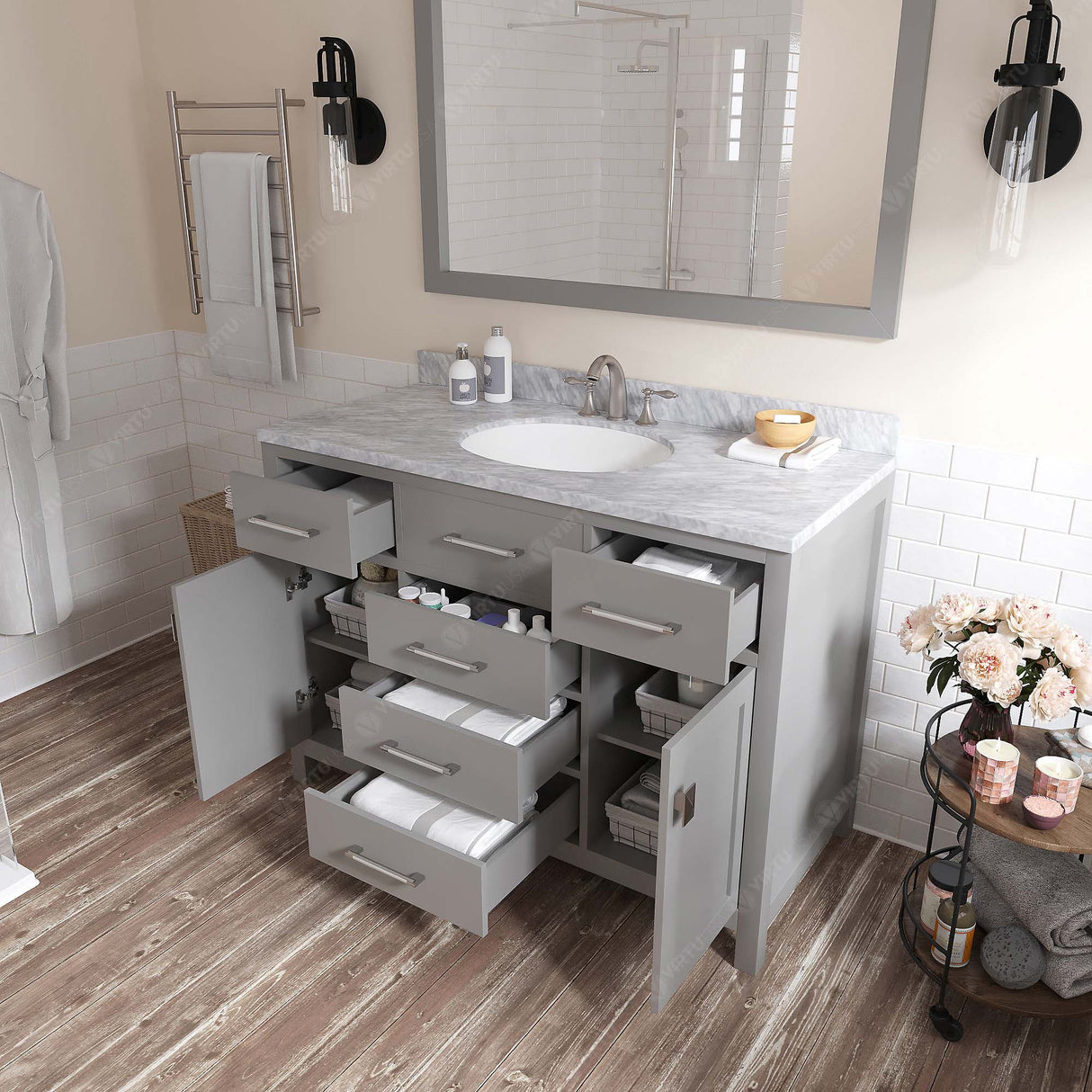 Virtu USA Caroline 48" Single Bath Vanity with White Marble Top and Round Sink with Matching Mirror