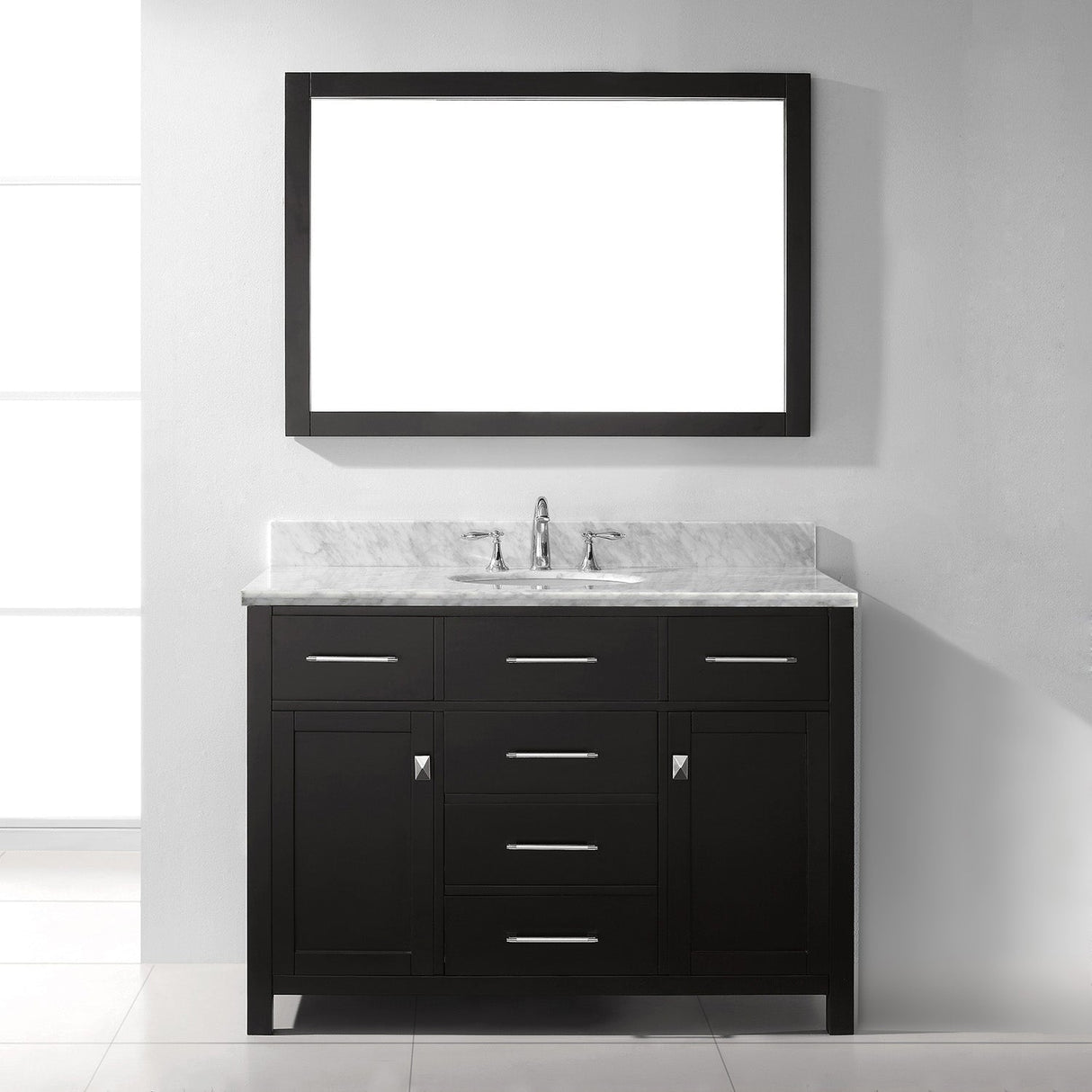 Virtu USA Caroline 48" Single Bath Vanity with White Marble Top and Round Sink with Brushed Nickel Faucet with Matching Mirror