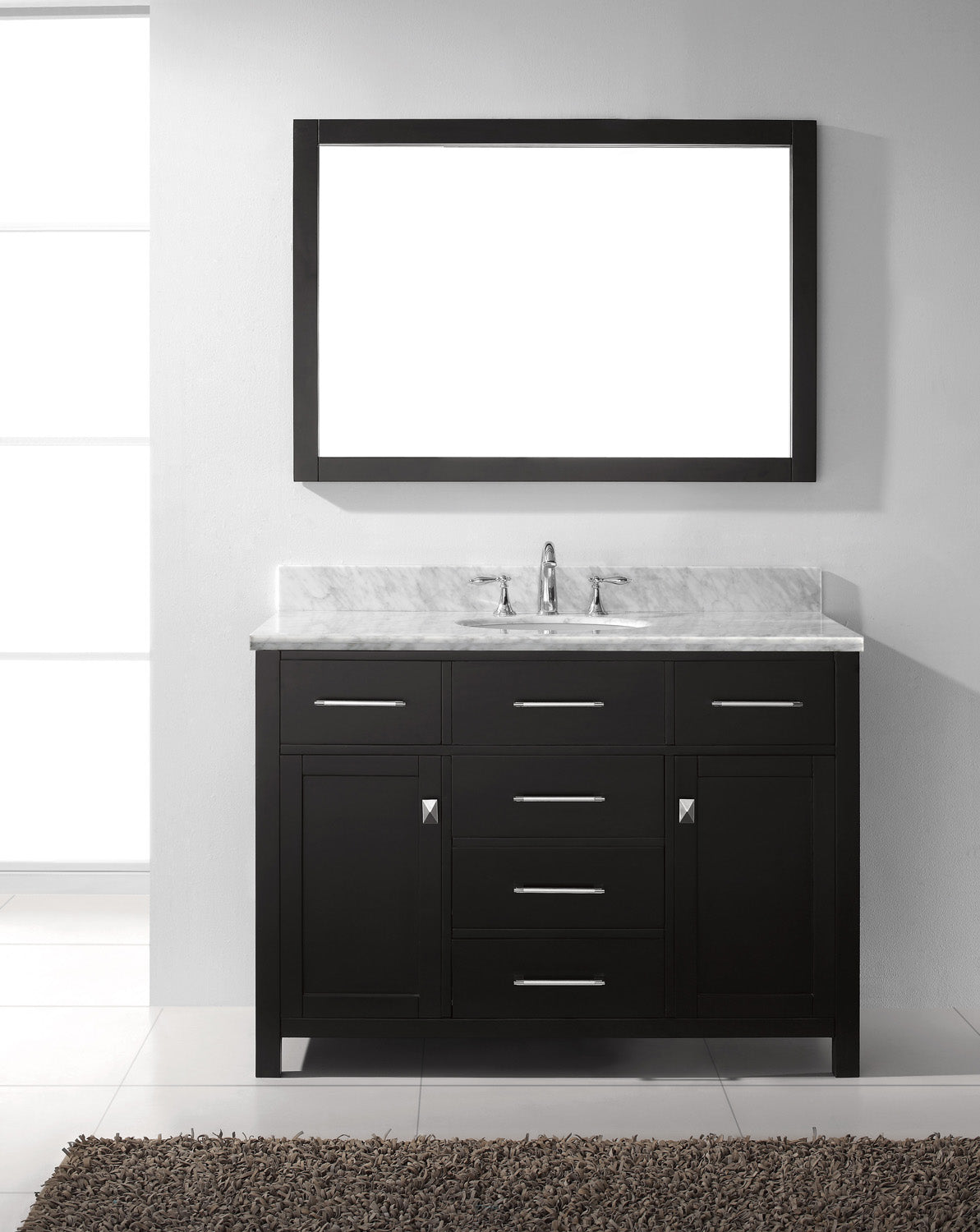 Virtu USA Caroline 48" Single Bath Vanity with White Marble Top and Round Sink with Brushed Nickel Faucet with Matching Mirror