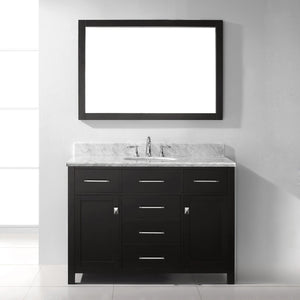 Virtu USA Caroline 48" Single Bath Vanity with White Marble Top and Square Sink with Polished Chrome Faucet with Matching Mirror