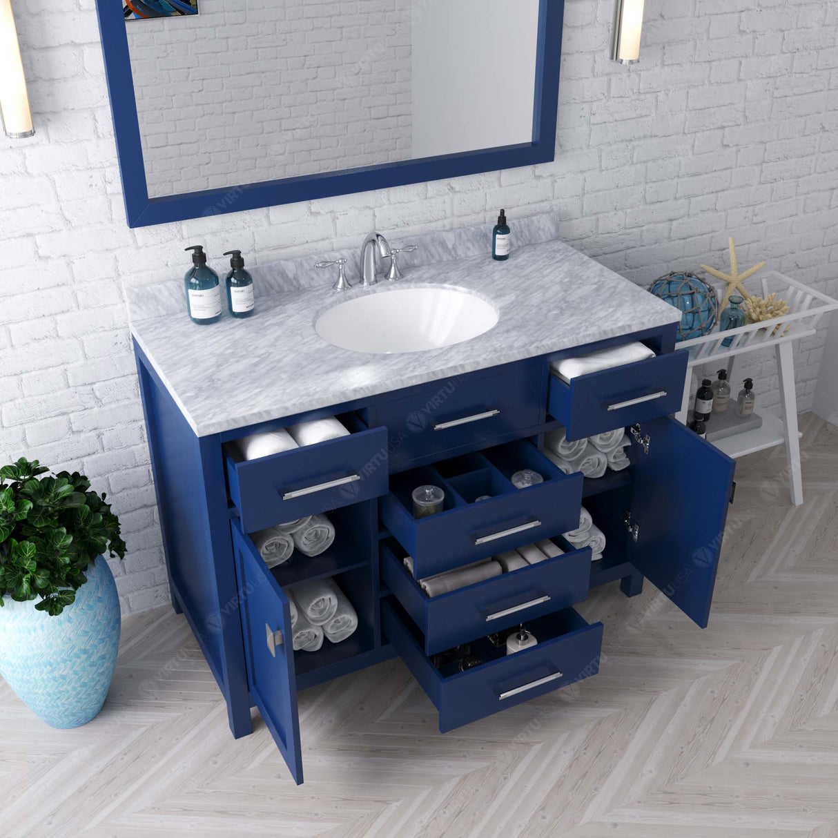 Virtu USA Caroline 48" Single Bath Vanity with White Marble Top and Round Sink with Matching Mirror