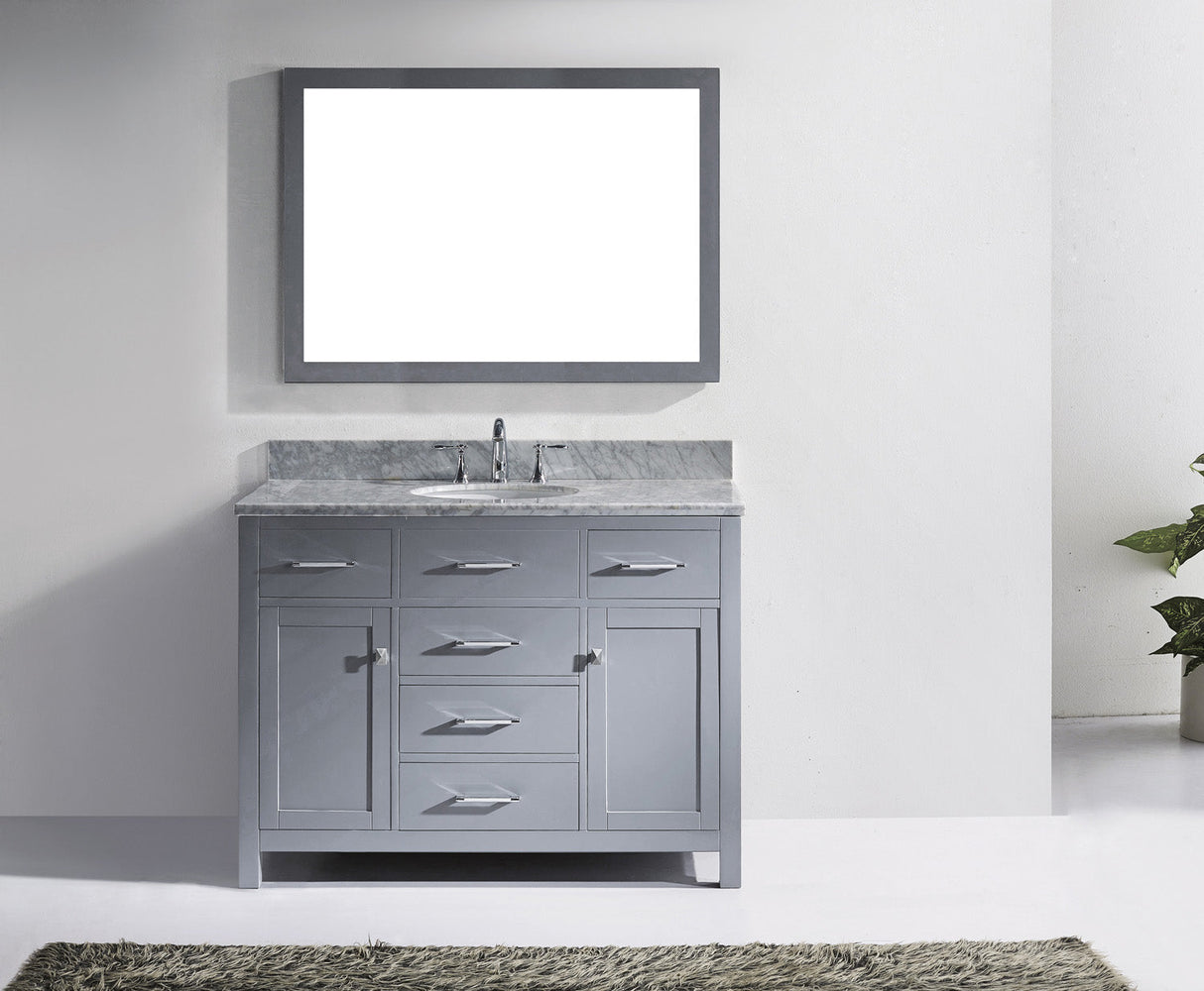 Virtu USA Caroline 48" Single Bath Vanity with White Marble Top and Round Sink with Brushed Nickel Faucet with Matching Mirror