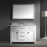 Virtu USA Caroline 48" Single Bath Vanity with White Marble Top and Round Sink with Brushed Nickel Faucet with Matching Mirror