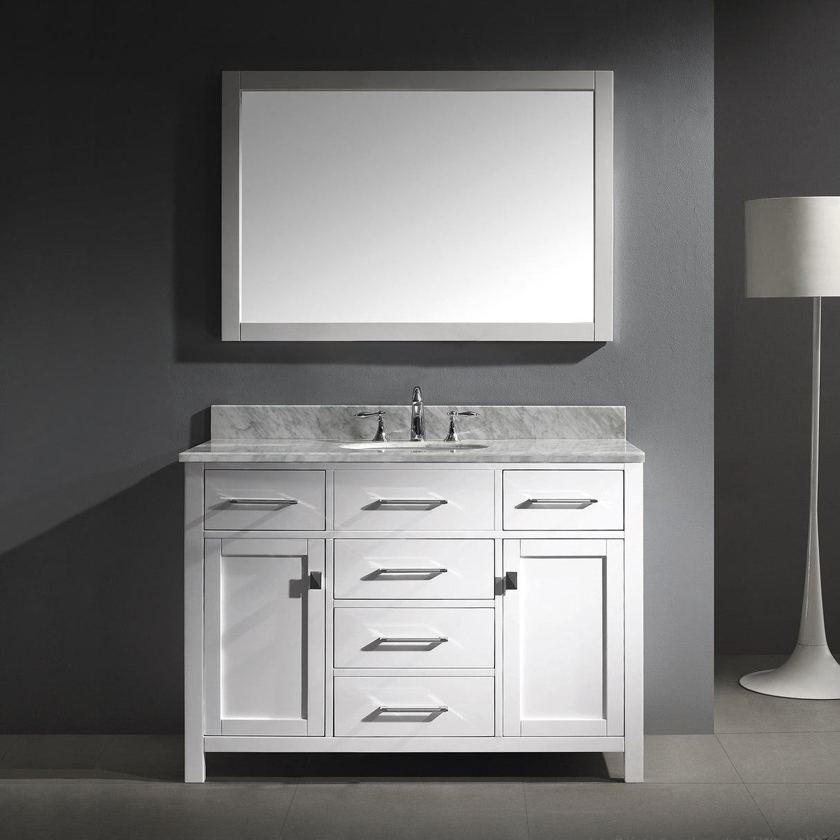 Virtu USA Caroline 48" Single Bath Vanity with White Marble Top and Round Sink with Matching Mirror