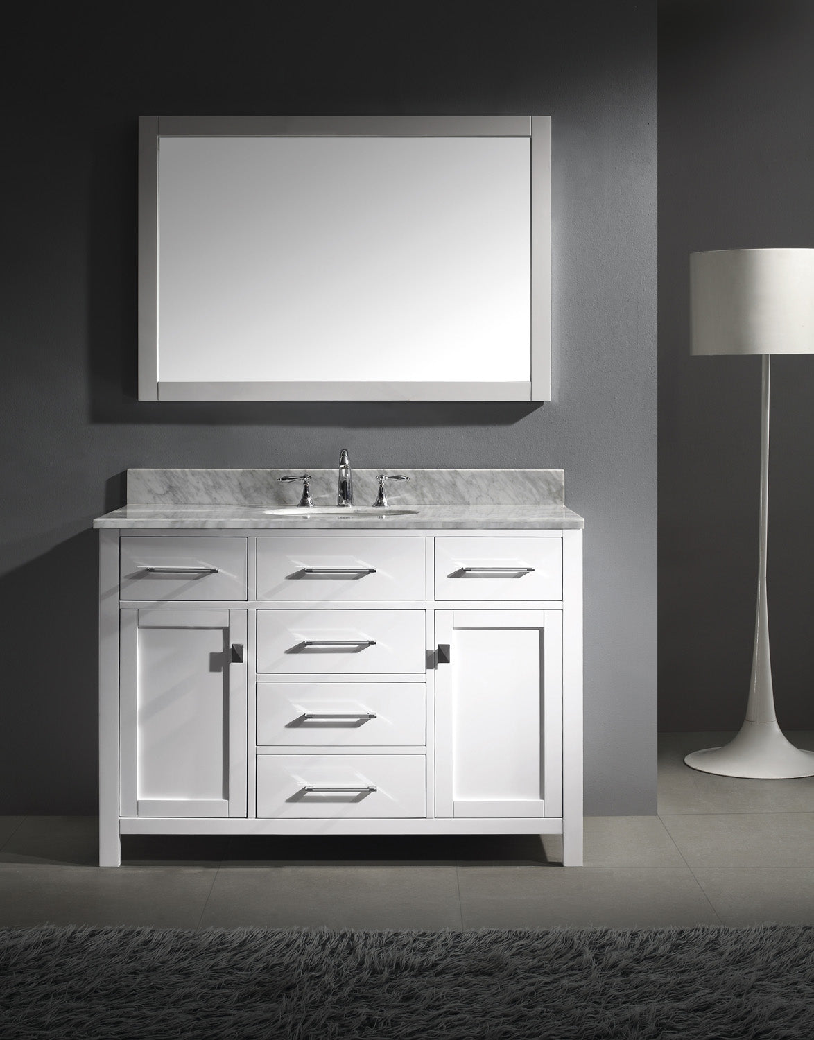 Virtu USA Caroline 48" Single Bath Vanity with White Marble Top and Round Sink with Matching Mirror