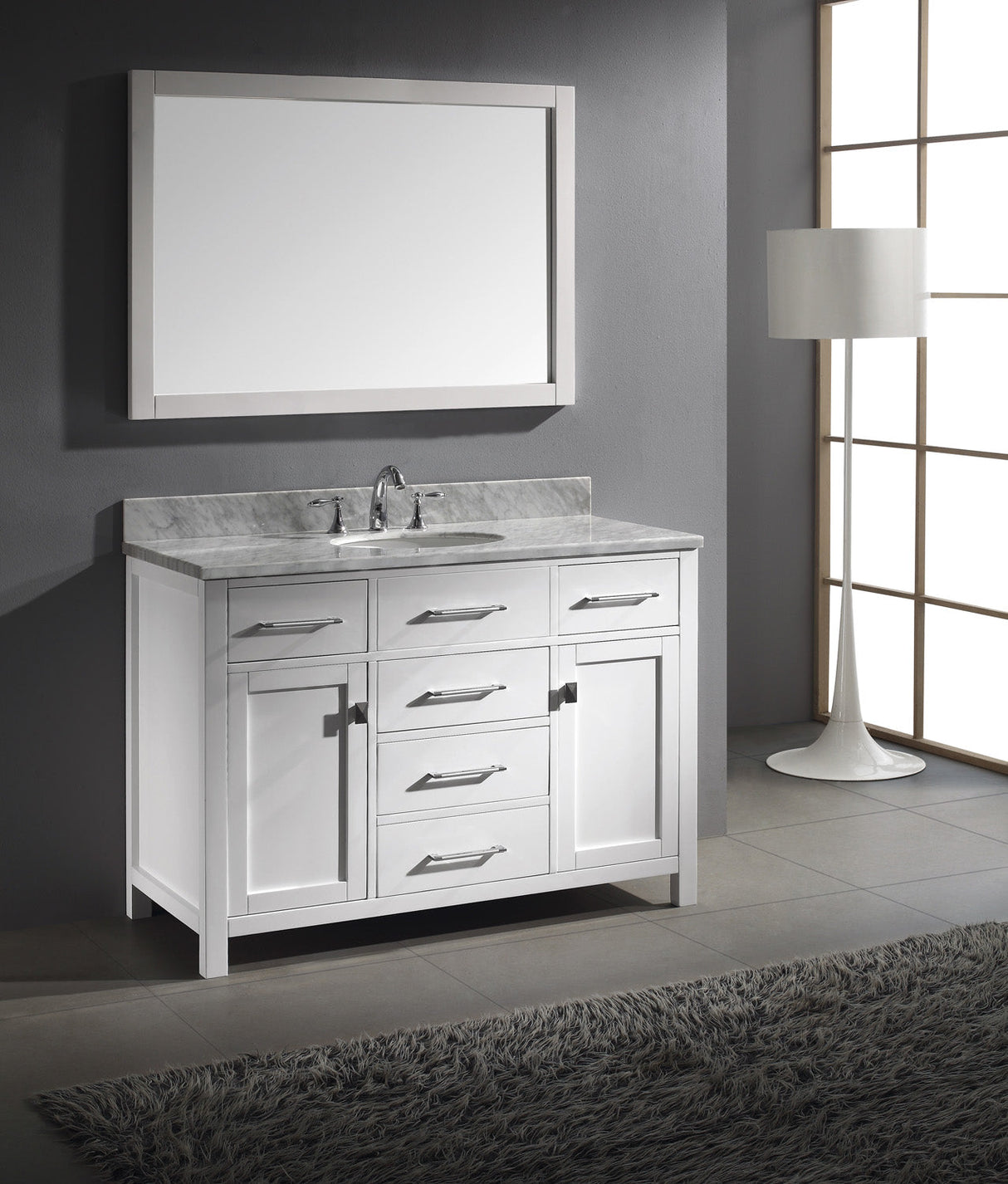 Virtu USA Caroline 48" Single Bath Vanity with White Marble Top and Round Sink with Matching Mirror