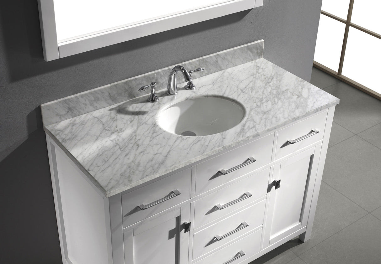 Virtu USA Caroline 48" Single Bath Vanity with White Marble Top and Round Sink with Matching Mirror