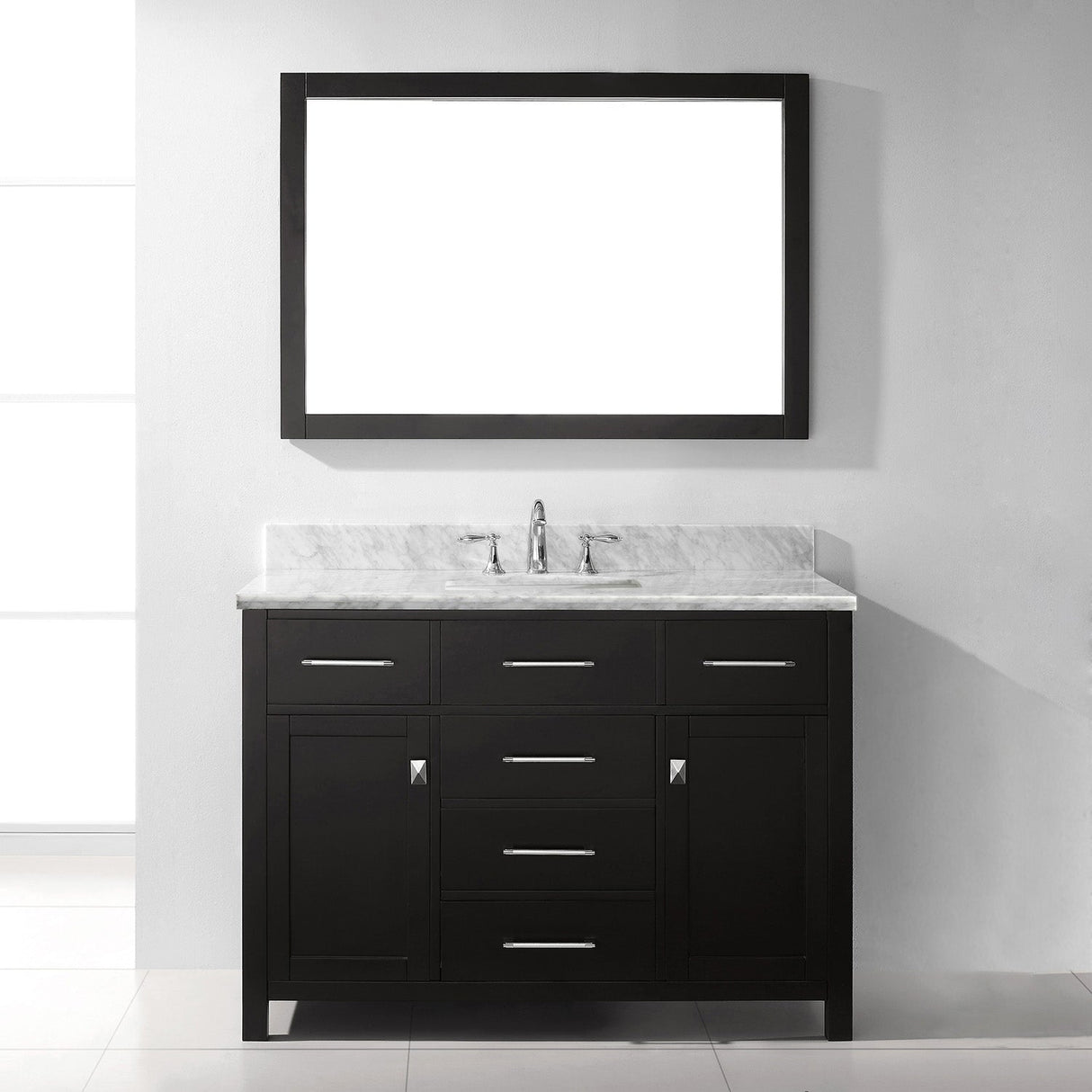 Virtu USA Caroline 48" Single Bath Vanity with White Marble Top and Square Sink with Matching Mirror