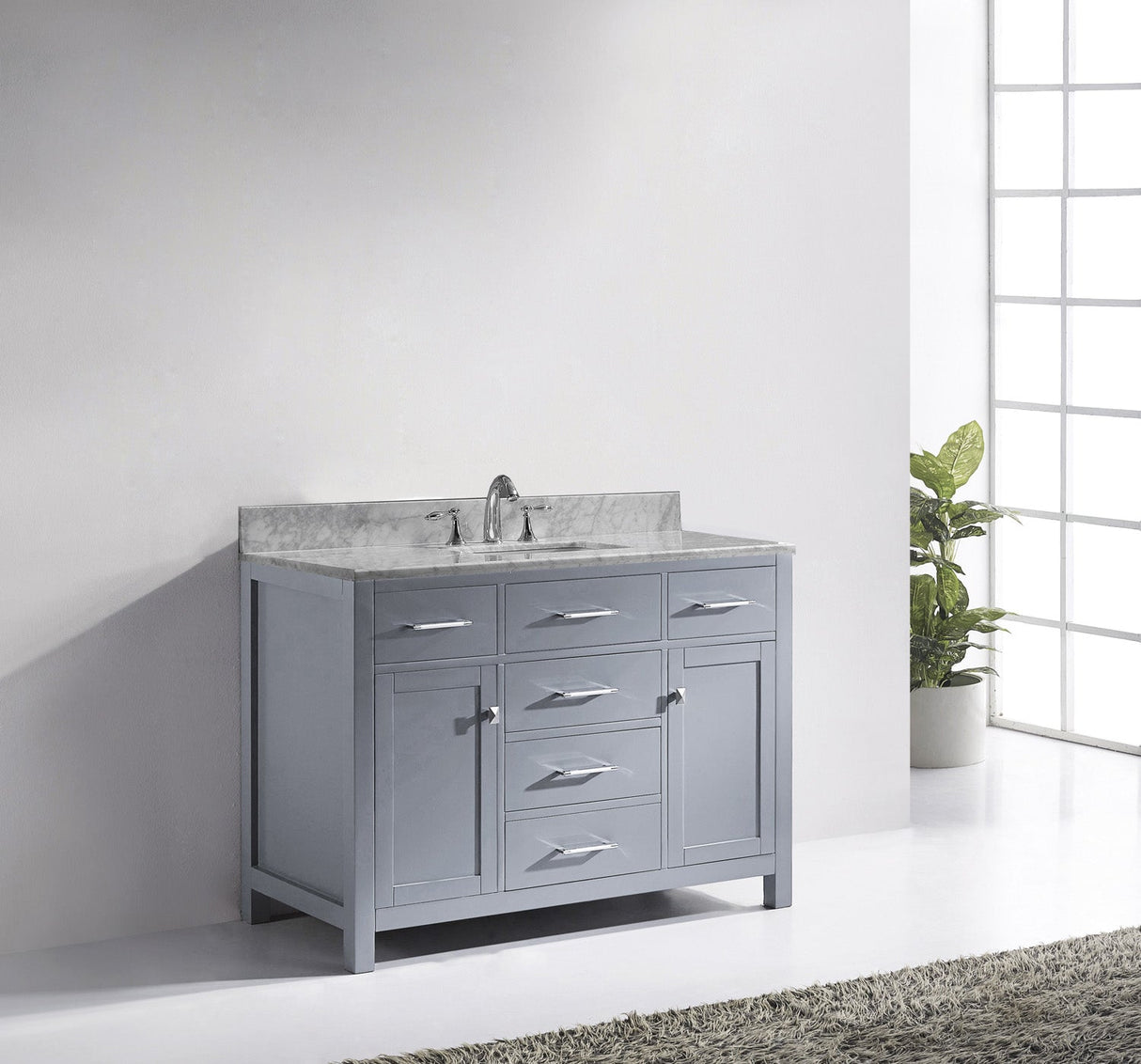 Virtu USA Caroline 48" Single Bath Vanity with Italian Carrara White Marble Top and Square Sink with Polished Chrome Faucet with Matching Mirror