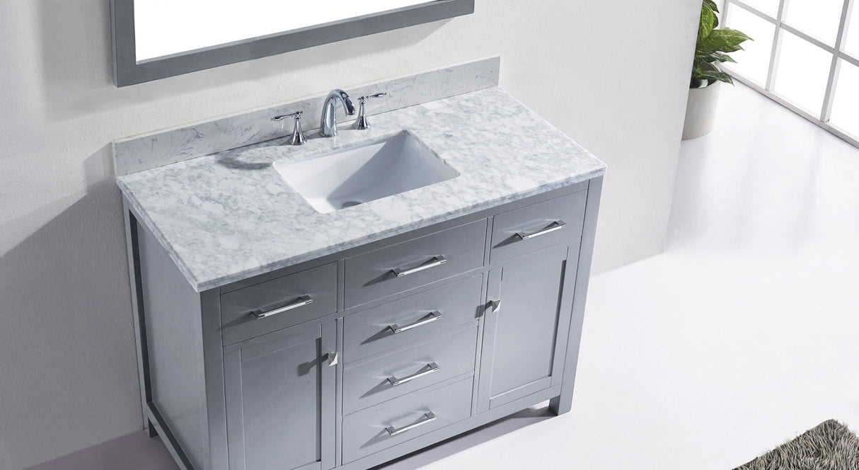 Virtu USA Caroline 48" Single Bath Vanity with White Marble Top and Square Sink with Matching Mirror