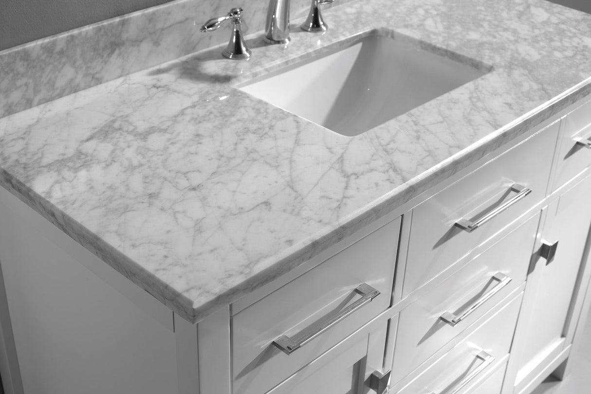 Virtu USA Caroline 48" Single Bath Vanity with Italian Carrara White Marble Top and Square Sink with Polished Chrome Faucet with Matching Mirror