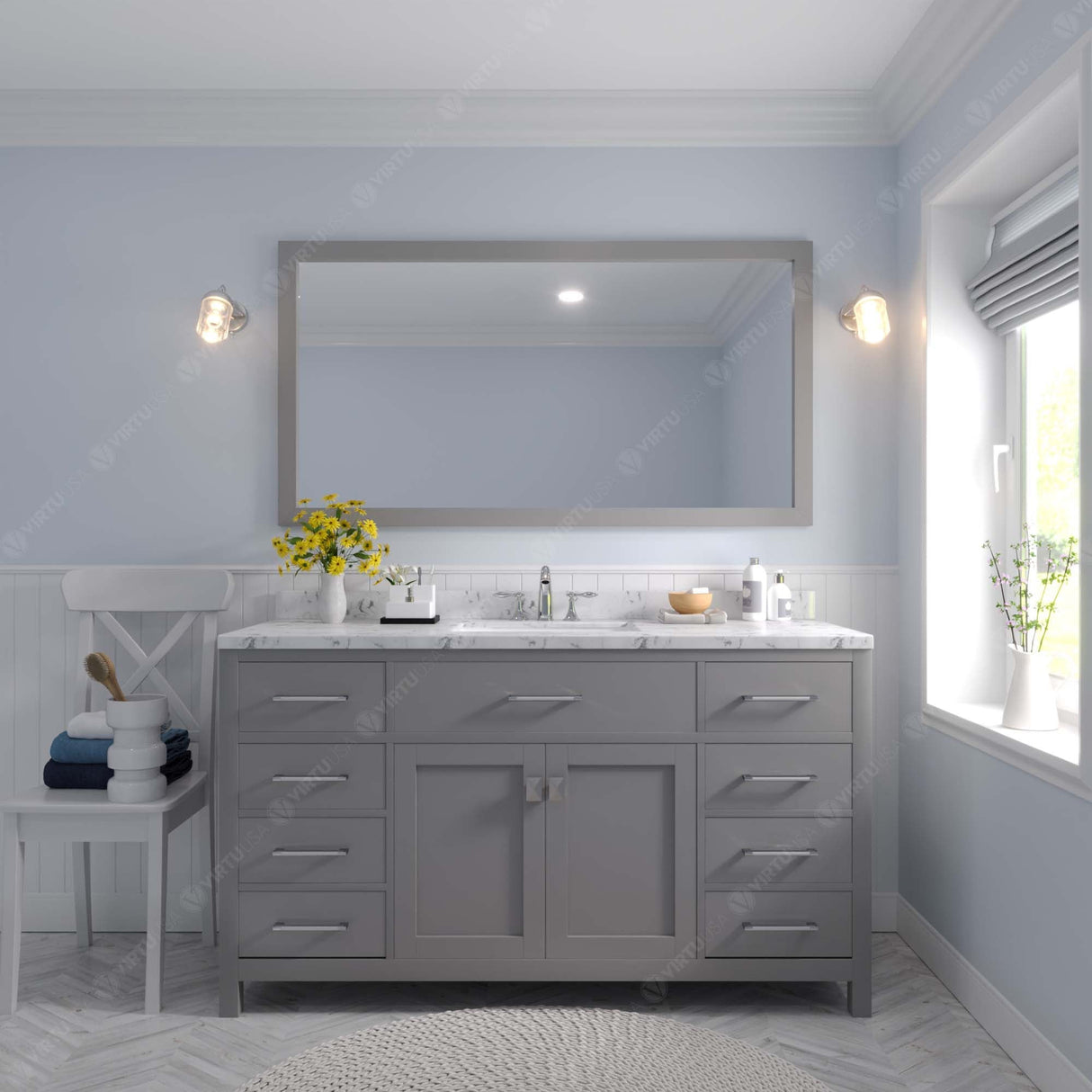 Virtu USA Caroline 60" Single Bath Vanity with White Quartz Top and Round Sink with Brushed Nickel Faucet with Matching Mirror