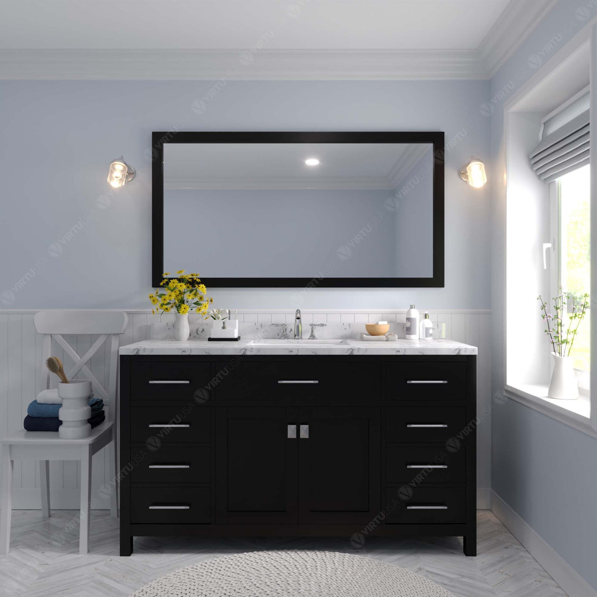 Virtu USA Caroline 60" Single Bath Vanity with White Quartz Top and Round Sink with Brushed Nickel Faucet with Matching Mirror