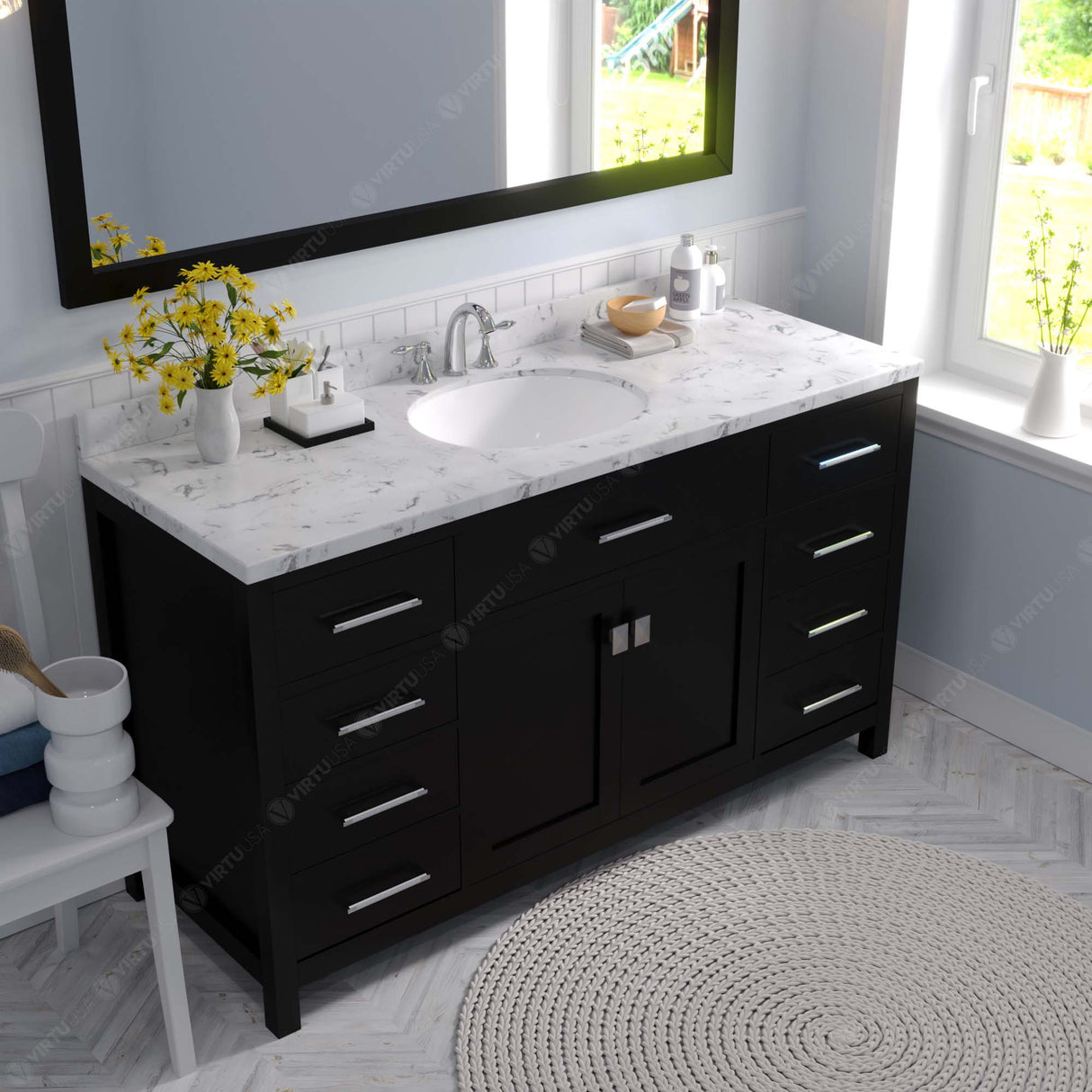 Virtu USA Caroline 60" Single Bath Vanity with White Quartz Top and Round Sink with Matching Mirror