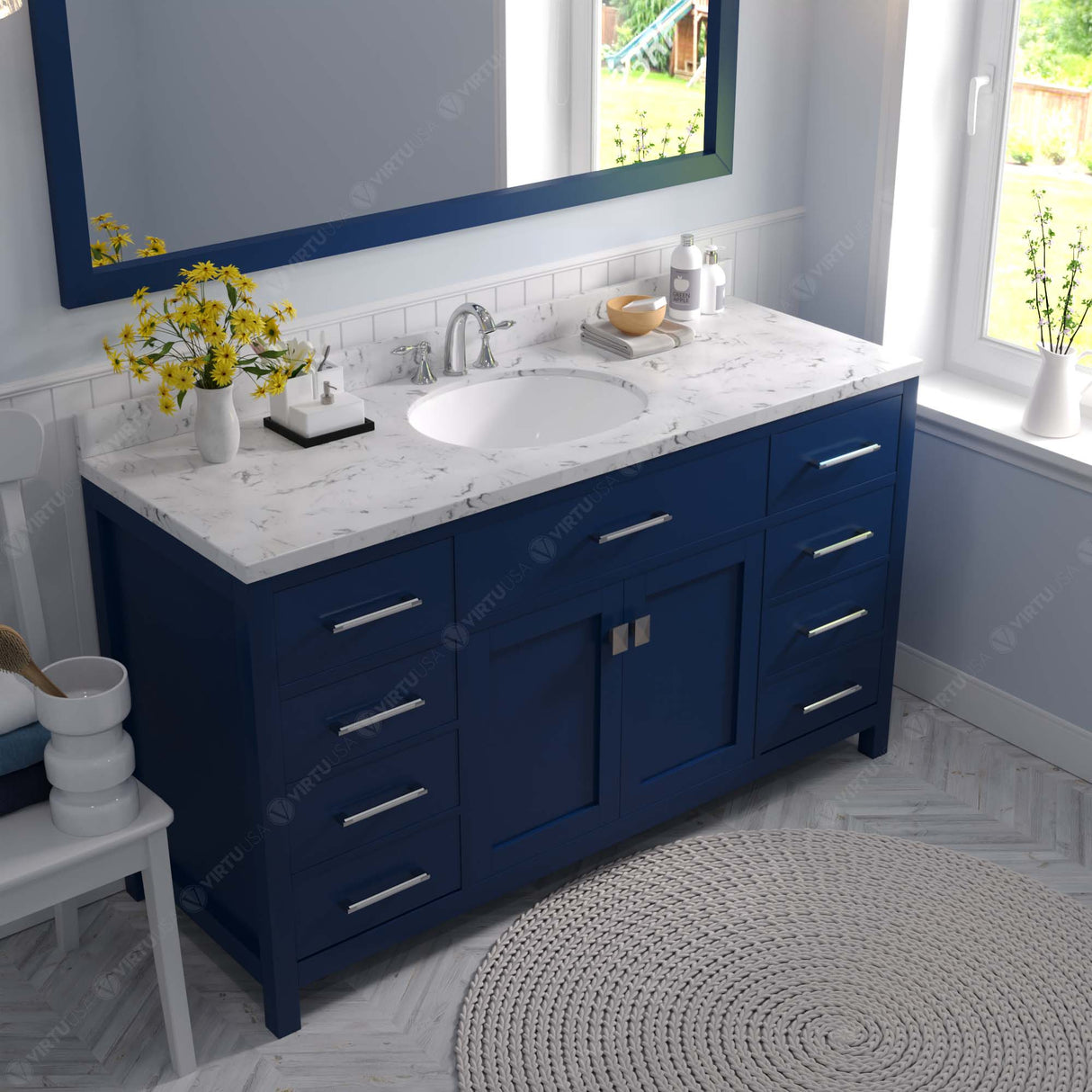 Virtu USA Caroline 60" Single Bath Vanity with White Quartz Top and Round Sink with Matching Mirror